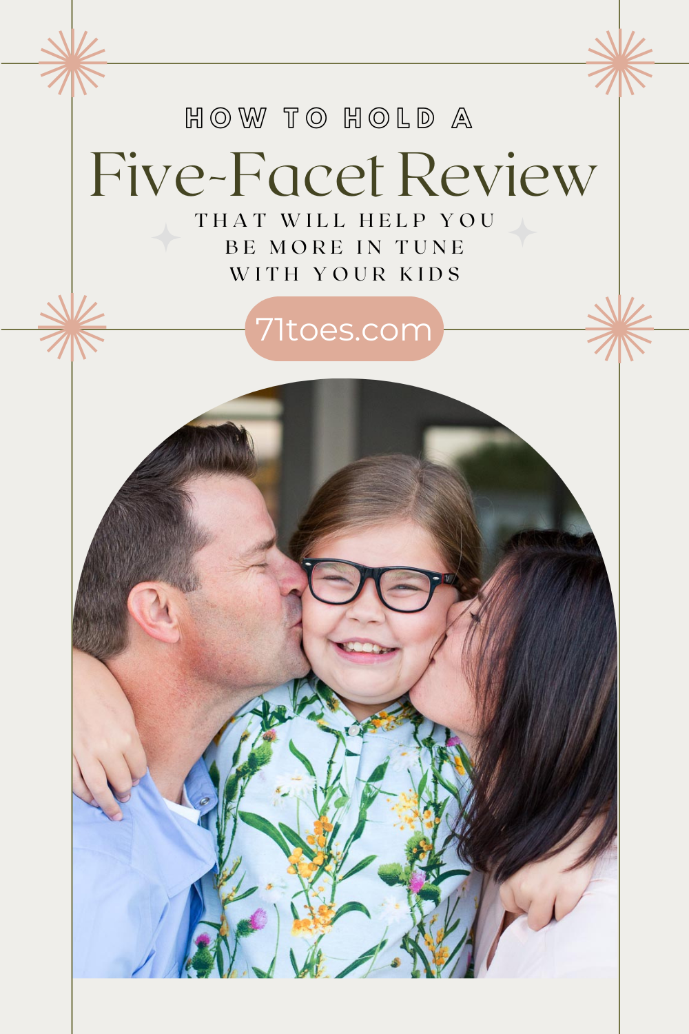 how to hold a five-facet review Pinterest Pin with Shawni and Dave kissing Lucy on the cheeks