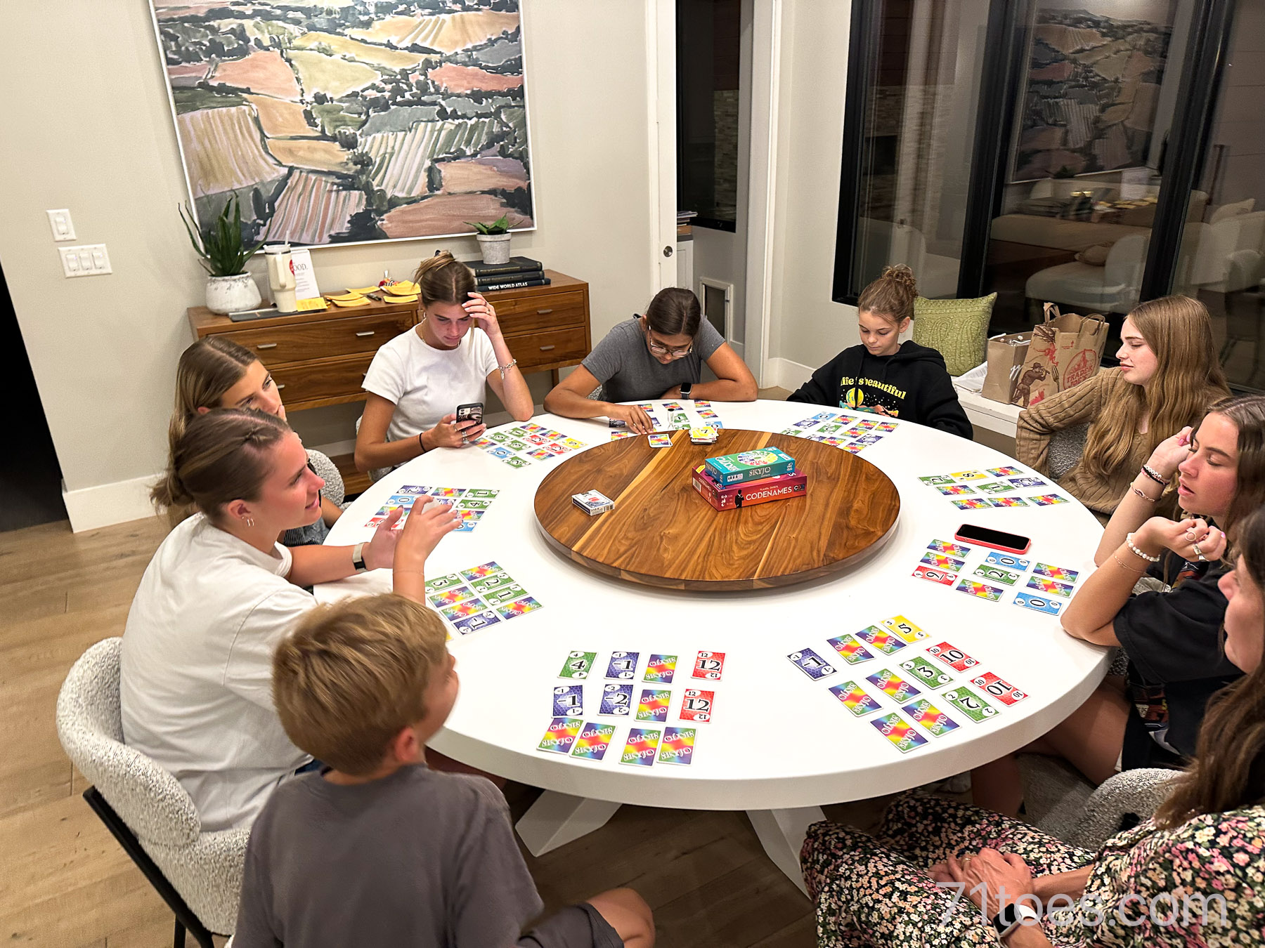 kitchen table filled with people playing a game