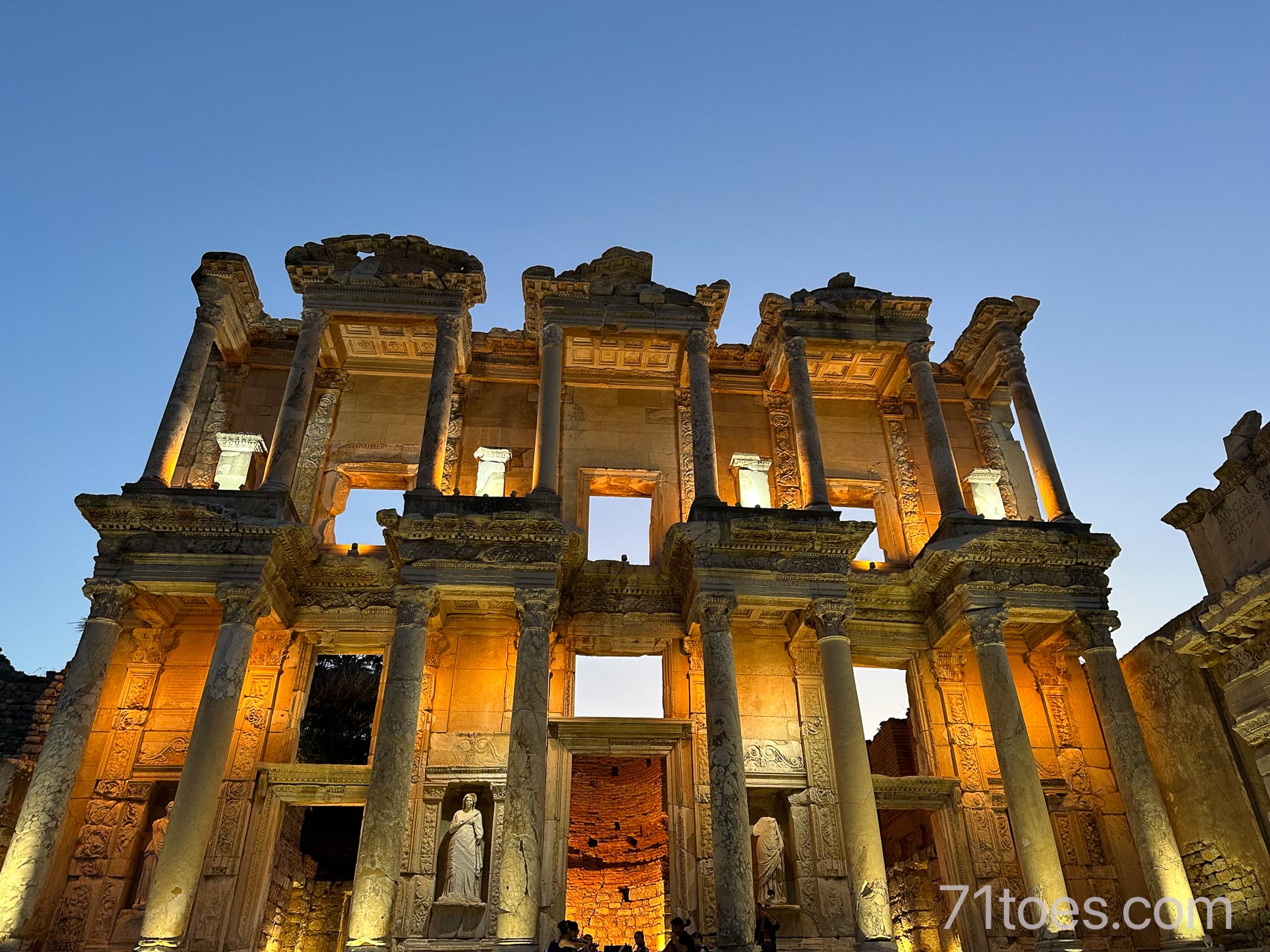 Library of Celsius in Ephesus all lit up and glowing at night