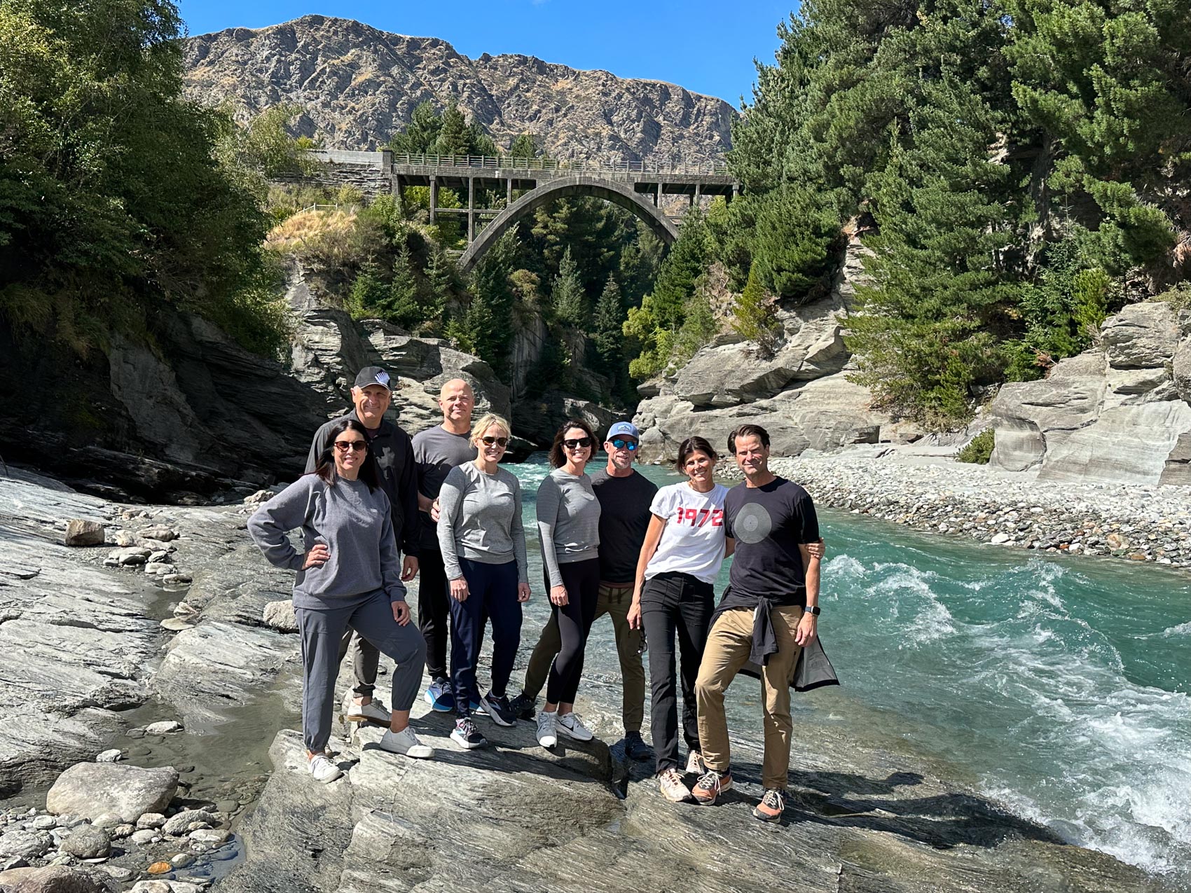 Our travel group by the bridge in New Zealand